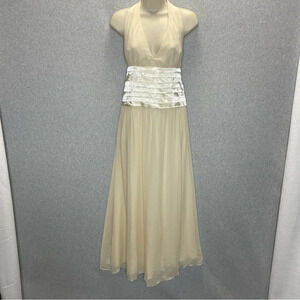 BCBG Paris HOCO Cream Halter Girlie Romantic Feminine Satin Midi Formal Dress